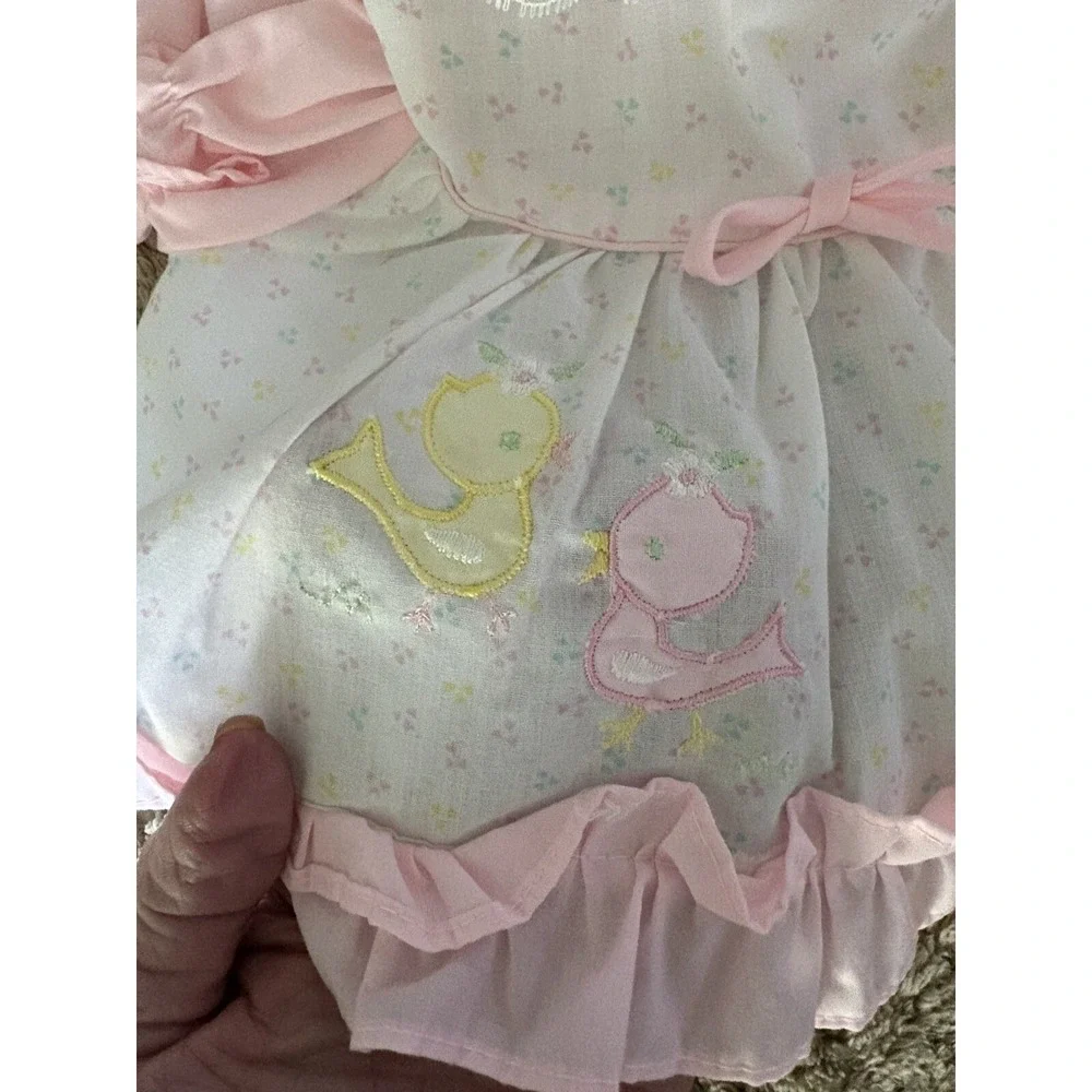 Vintage Cradle Togs Pinafore Baby Dress Love Birds Embroidery Pink White 0-6 M